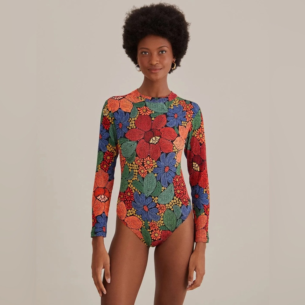 Farm Rio Black Stitched Flowers Organic Cotton Bodysuit